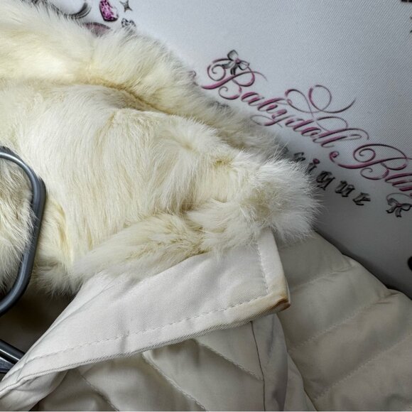 Bebe corset coat jacket snow bunny fur rabbit White Quilted Jacket Fur Trim hood - Picture 11 of 16